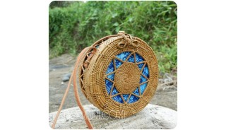 blue fabric rattan round circles sling bags motif handwoven